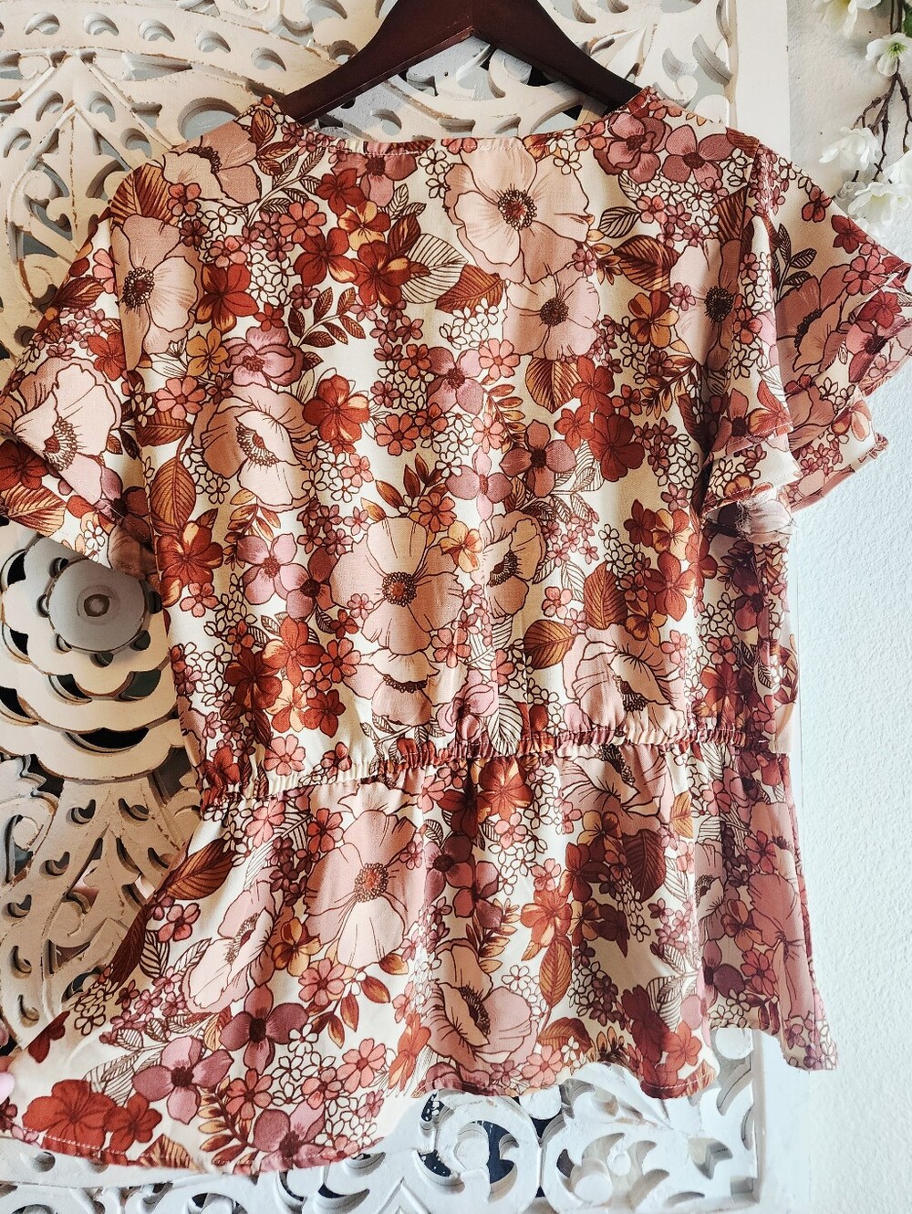 MERAKI FLORAL BLOUSE V NECK PEPLUM FAUX WRAP WOMENS SIZE XL - Picture 13 of 14